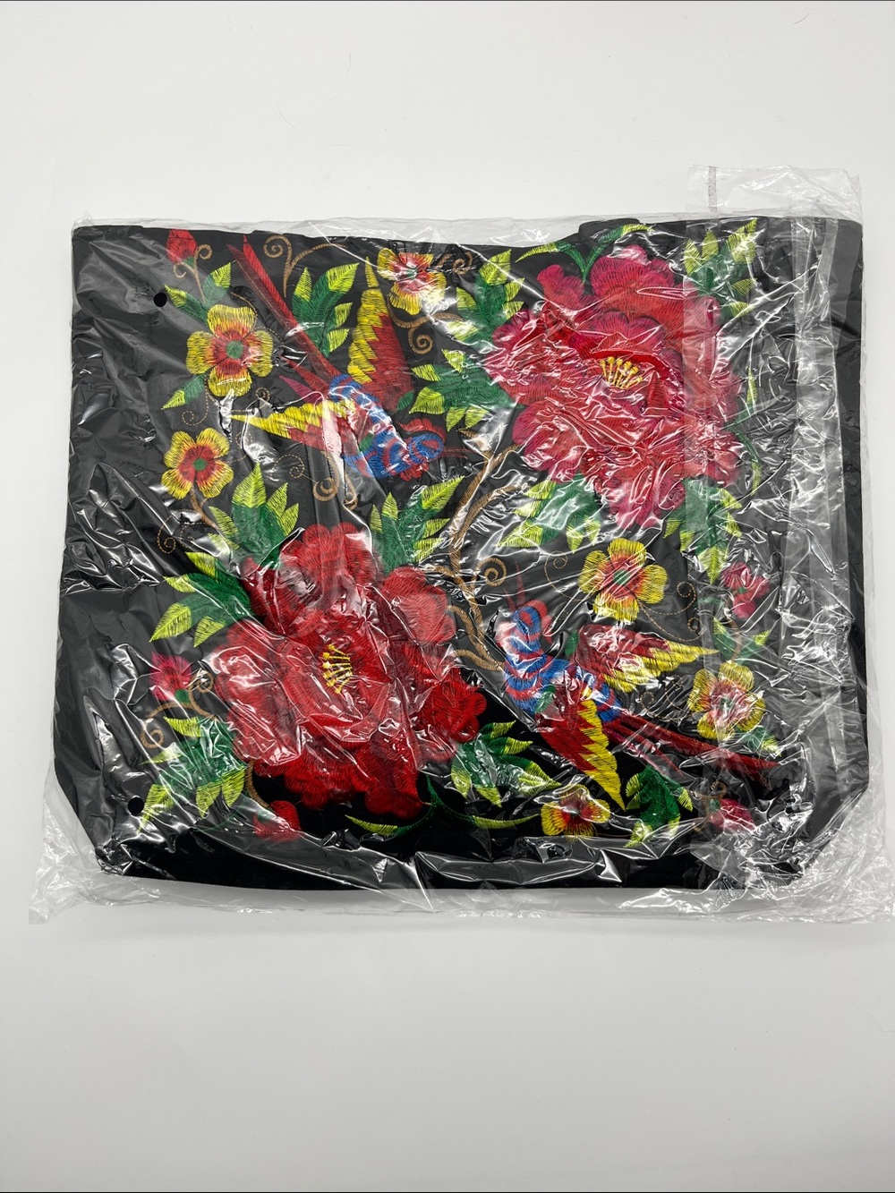 Floral Embroidered Black Tote Bag with Red Accents